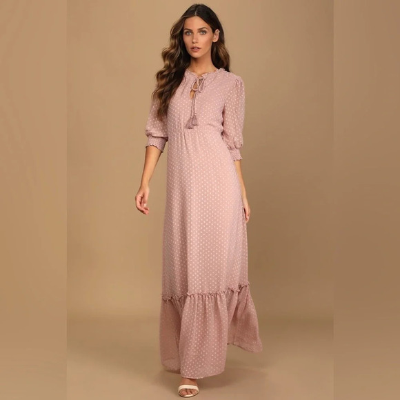 Lulus NWT Sweet Inspiration Mauve Pink Ruffled Maxi Dress Size Small Lined - Picture 1 of 11
